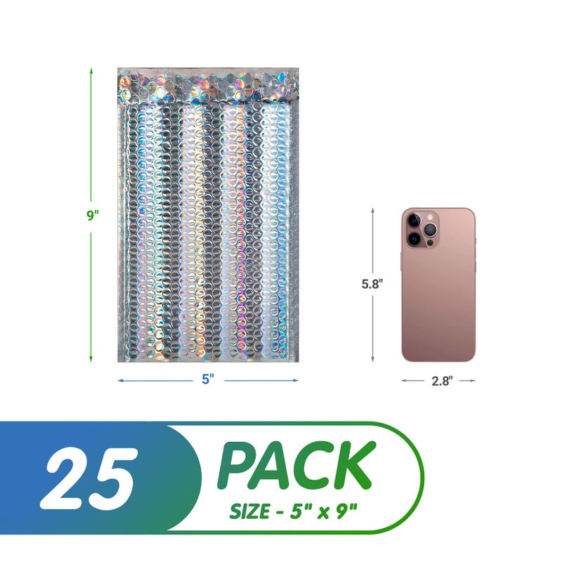 Amiff Holographic Bubble Mailers, 5 x 9 Inches. Pack of 25 Metallic Bubble Envelope. Opaque Glitter Padded Envelopes for Gifts. Waterproof Mailing Envelopes. Self-Seal Metallic Mailers - Image 2